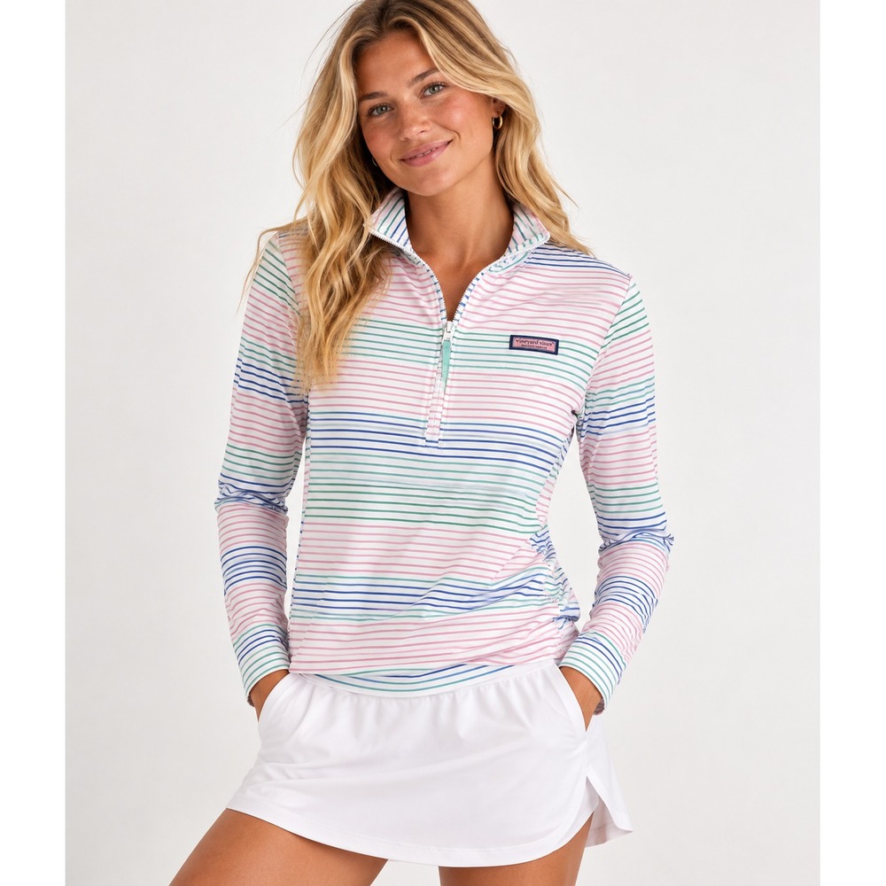 Vineyard Vines Women Microstripe Sankaty Shep Shirt 1/4 Zip Pullover Sz M Pastel